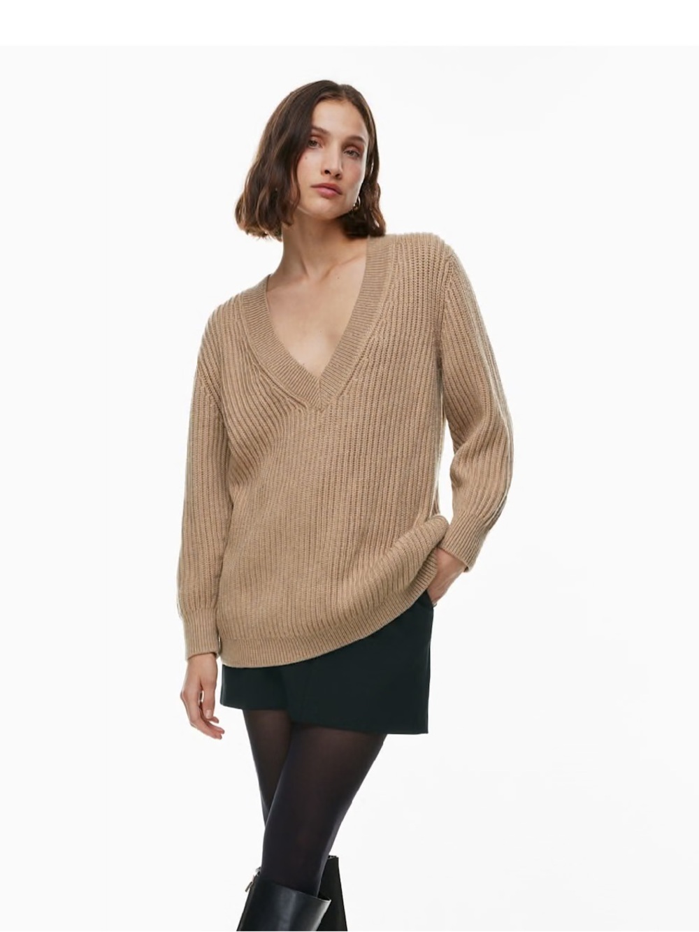 Babaton Ribbed V-Neck Sweater in Camel Beige